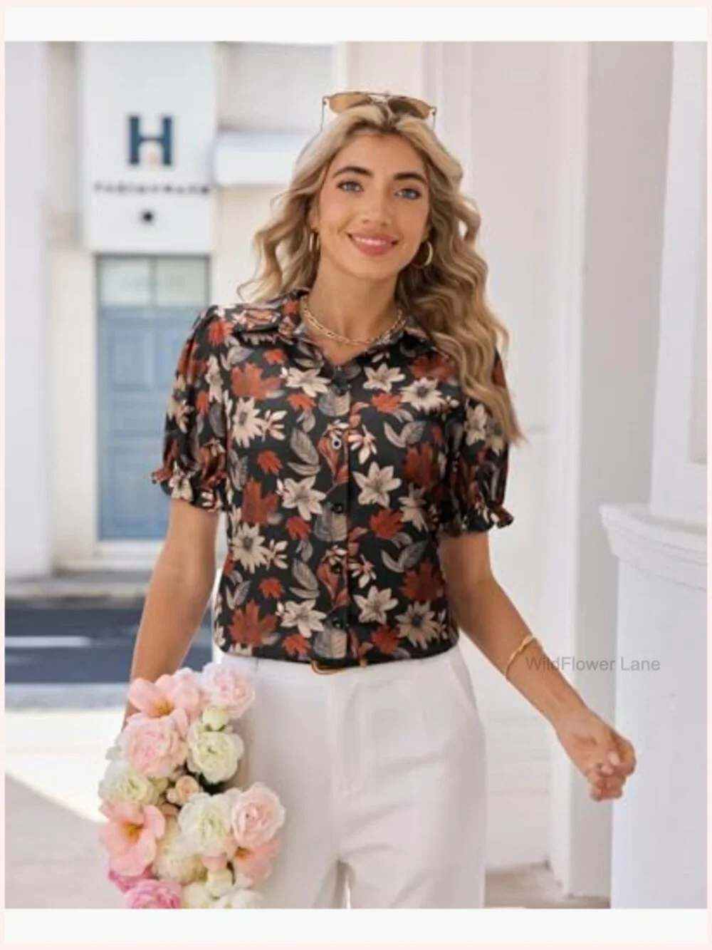 Short Sleeve Button Down Puff Sleeve Blouse Womens Casual Business Top - Picture 2 of 5